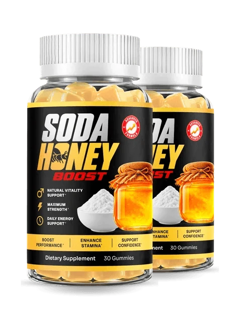 Two Soda Honey Boost bottles with the original black-and-gold labels and yellow gummies